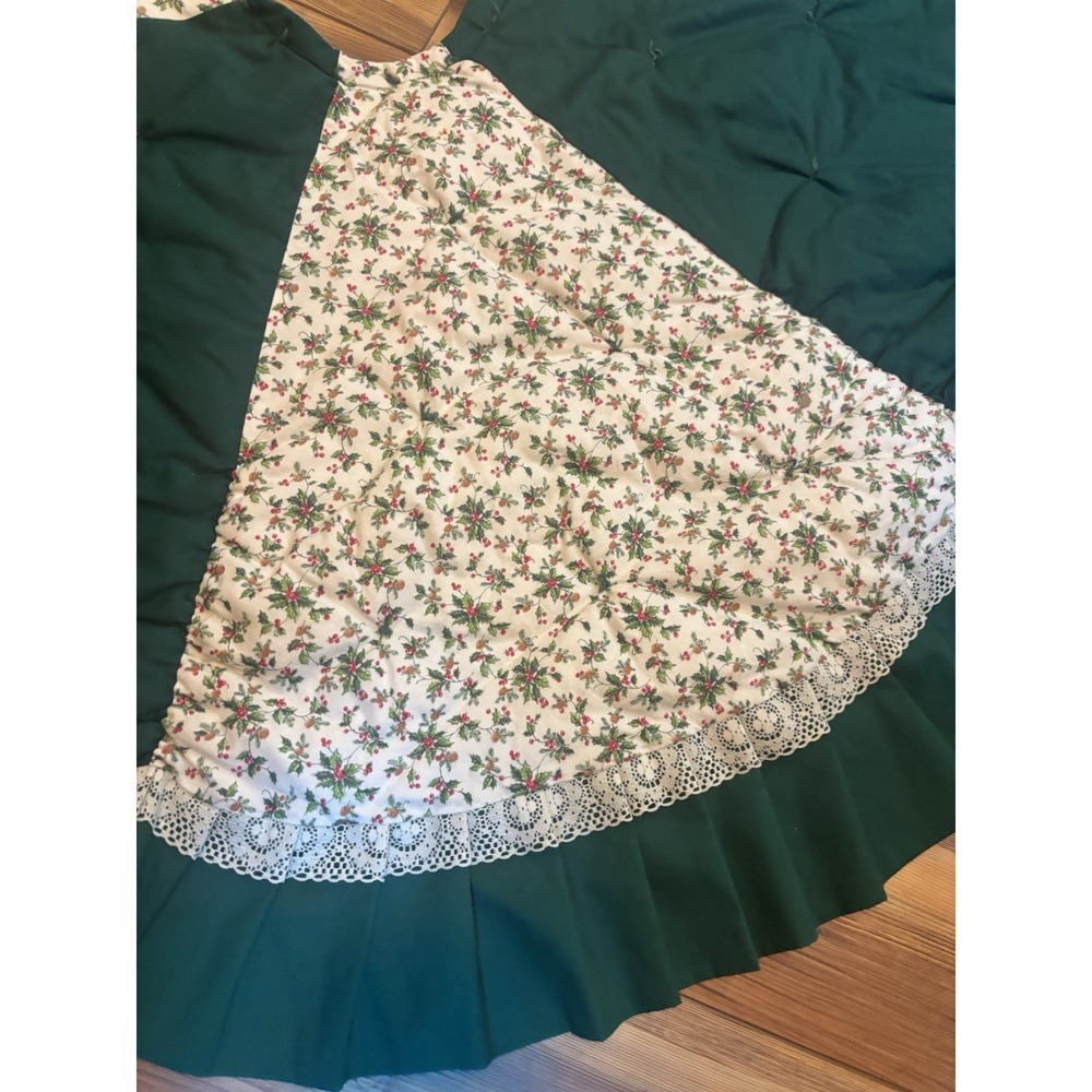 Christmas Tree Skirt Green 49" Machine & Hand Stitch Lace Homemade Vtg - Picture 3 of 7